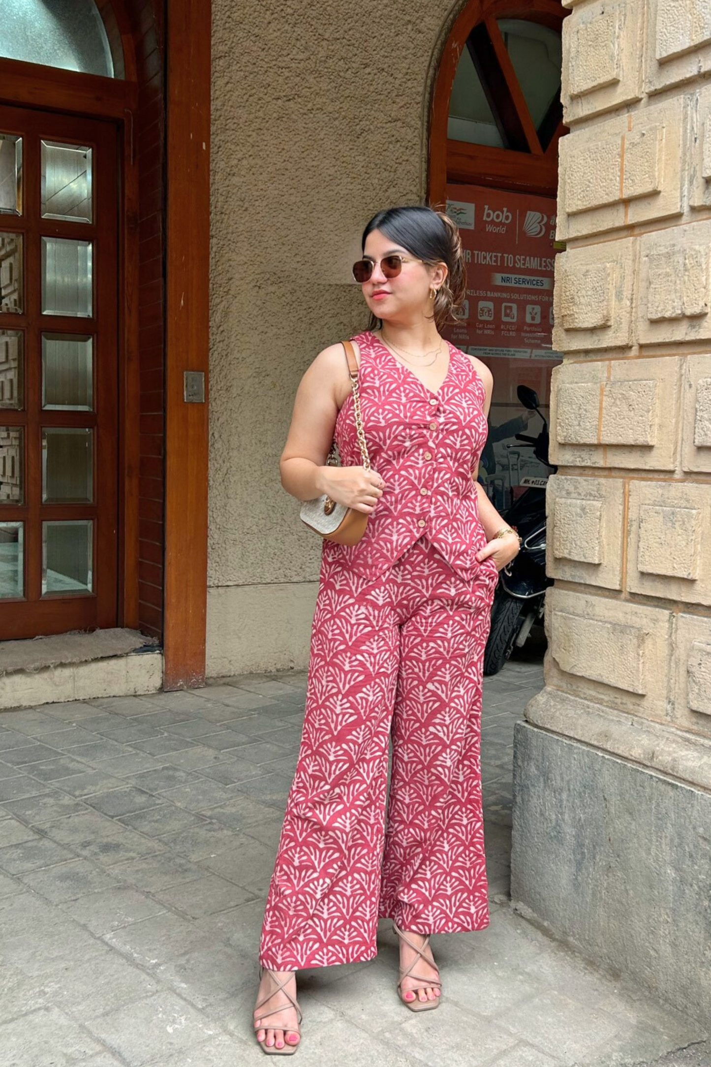 Stylish Hand-Block Printed Maroon Vest & Pant Set