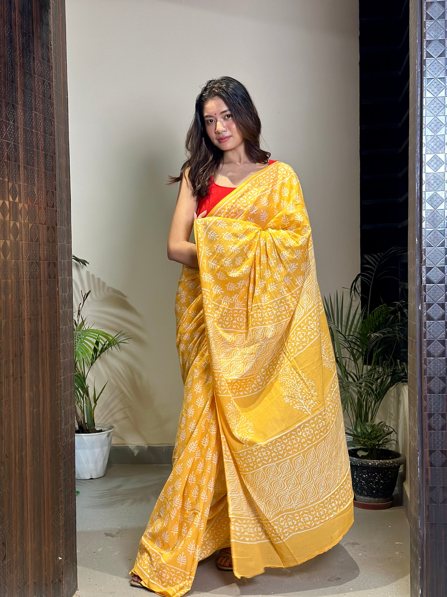 Yellow Poppins Candy Handblock Print Natural Dyed Mulmul Cotton Saree