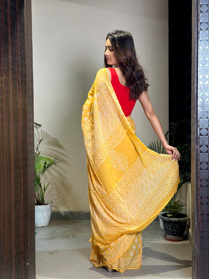 Yellow Poppins Candy Handblock Print Natural Dyed Mulmul Cotton Saree