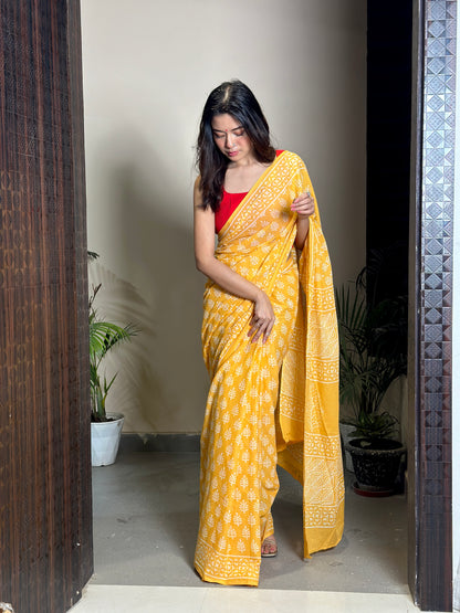 Yellow Poppins Candy Handblock Print Natural Dyed Mulmul Cotton Saree