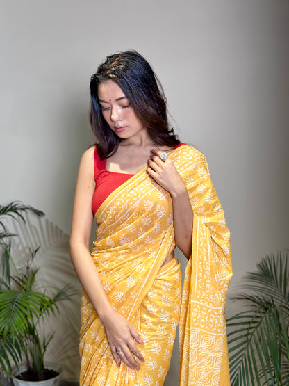 Yellow Poppins Candy Handblock Print Natural Dyed Mulmul Cotton Saree