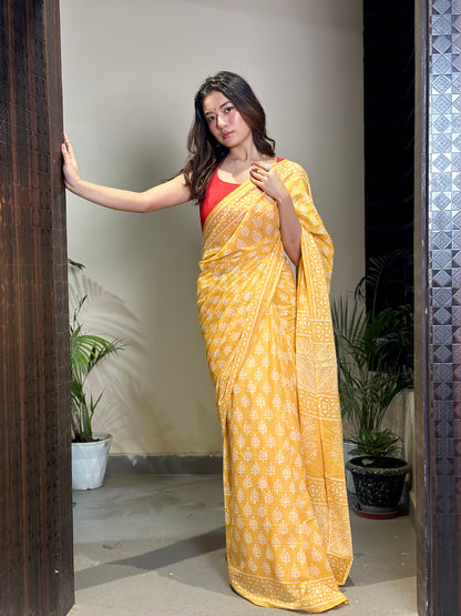 Yellow Poppins Candy Handblock Print Natural Dyed Mulmul Cotton Saree