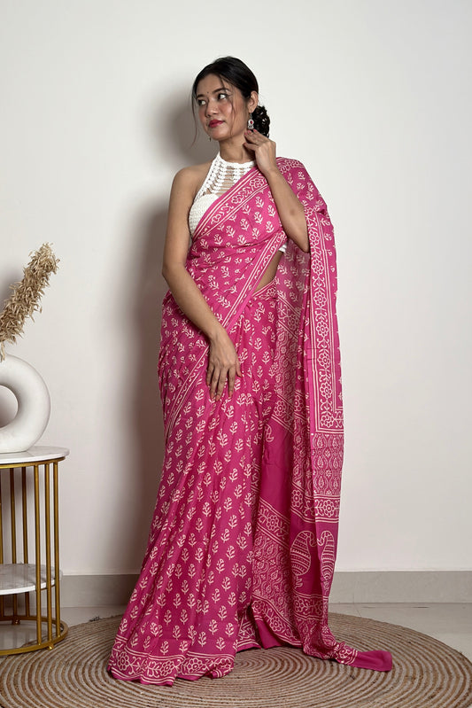 Candy Pink Poppins Handblocked Mul - Cotton Saree