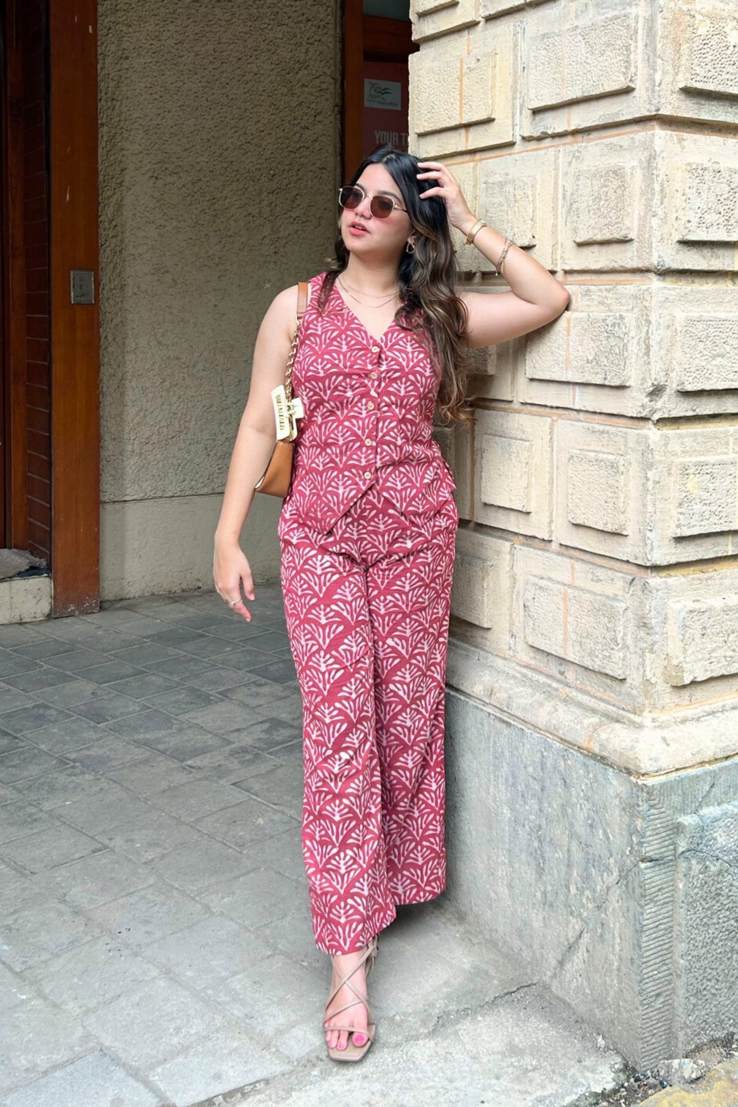 Stylish Hand-Block Printed Maroon Vest & Pant Set