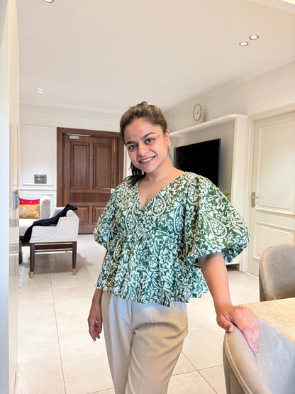 Balloon Chic Green Cotton Peplum Top