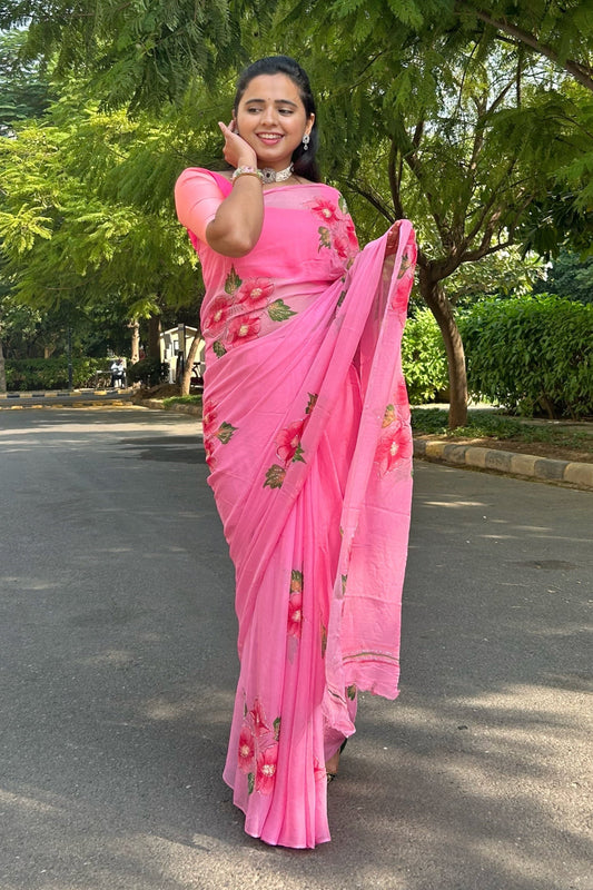 Gudhal ka Phool - Hand Painted Pre Pleated Chiffon Saree