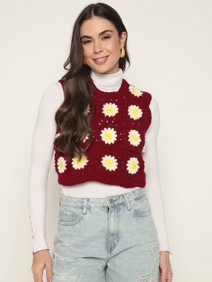 Maroon Cropped Daisy Vest