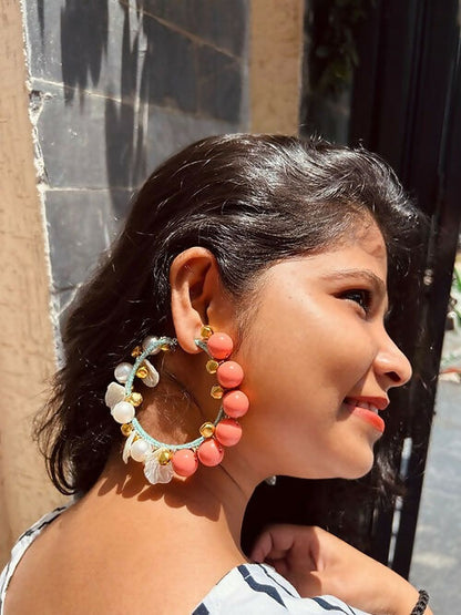 Peach Hoopy Shell Ghungroo Earrings