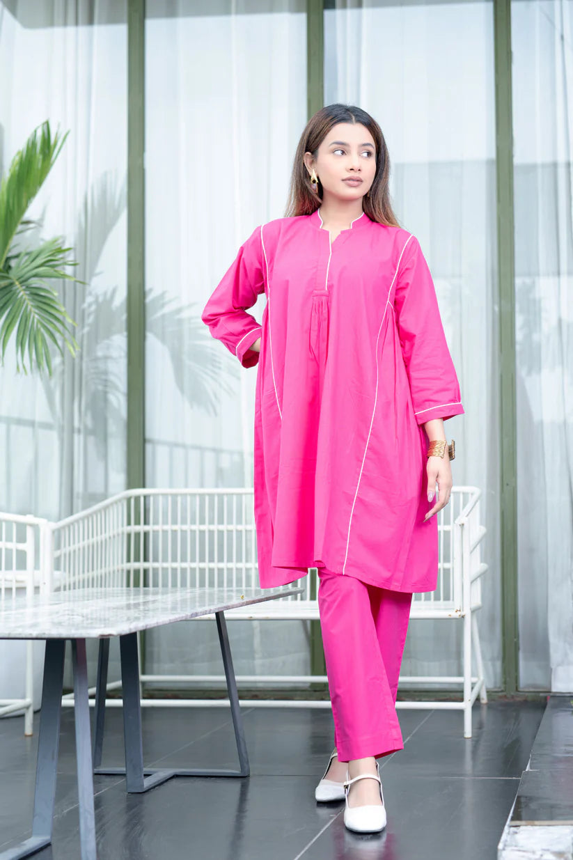 Solid Pink Cotton Kurta & Pant Set