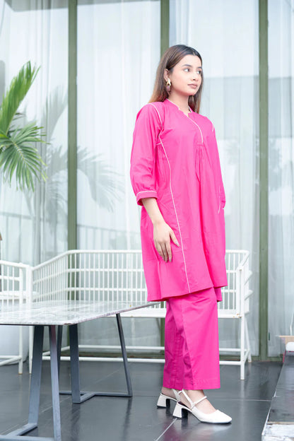 Solid Pink Cotton Kurta & Pant Set