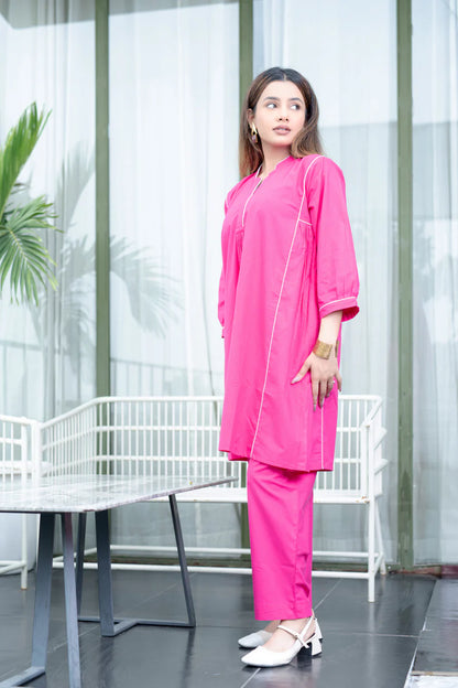 Solid Pink Cotton Kurta & Pant Set