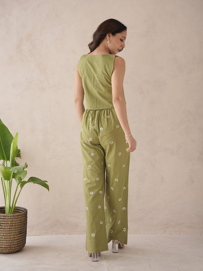 Serra Olive Embroidery Cotton Co-Ord Set