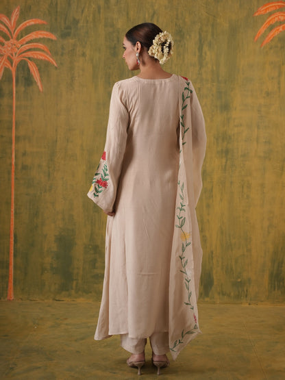 Dilruba Beige Floral Maslin Kurta Set