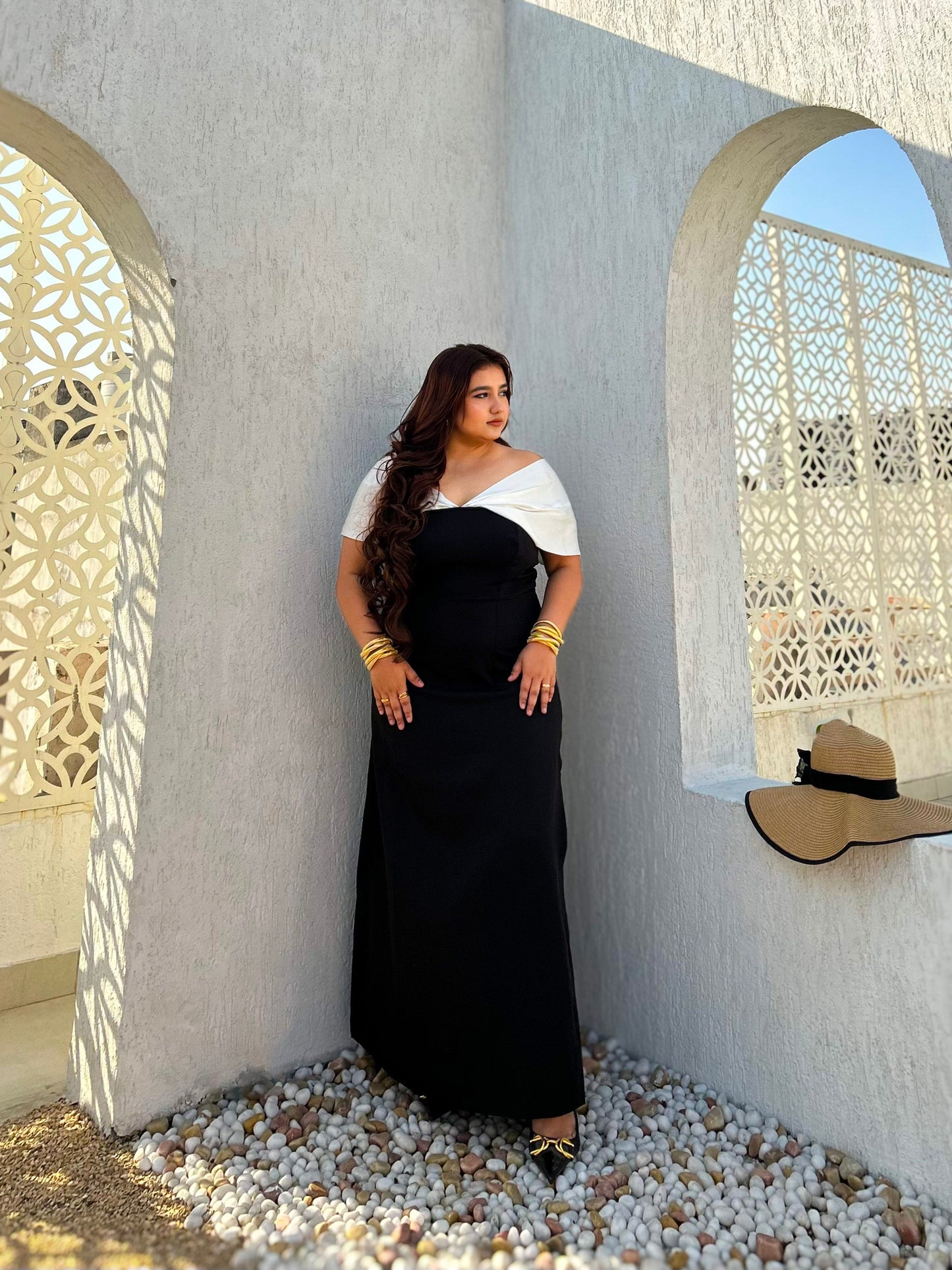 Eterna Black Off-Shoulder Slit Dress