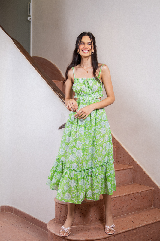 Green Hand Block Floral Print Cotton Dress