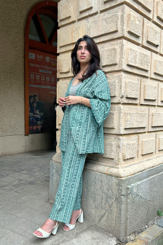 Earthy Stylish Hand-Block Printed Vest And Pant Set