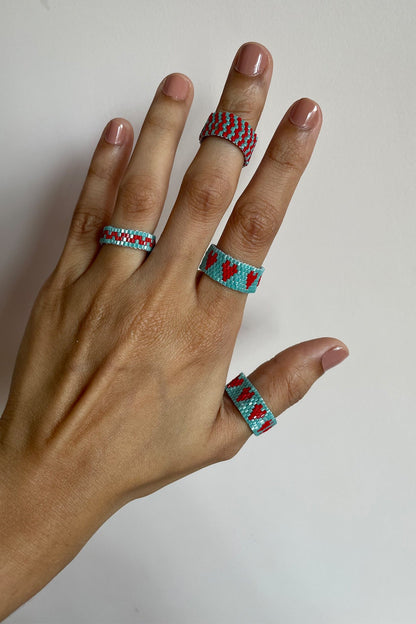 Red-Blue Heart Beaded Ring