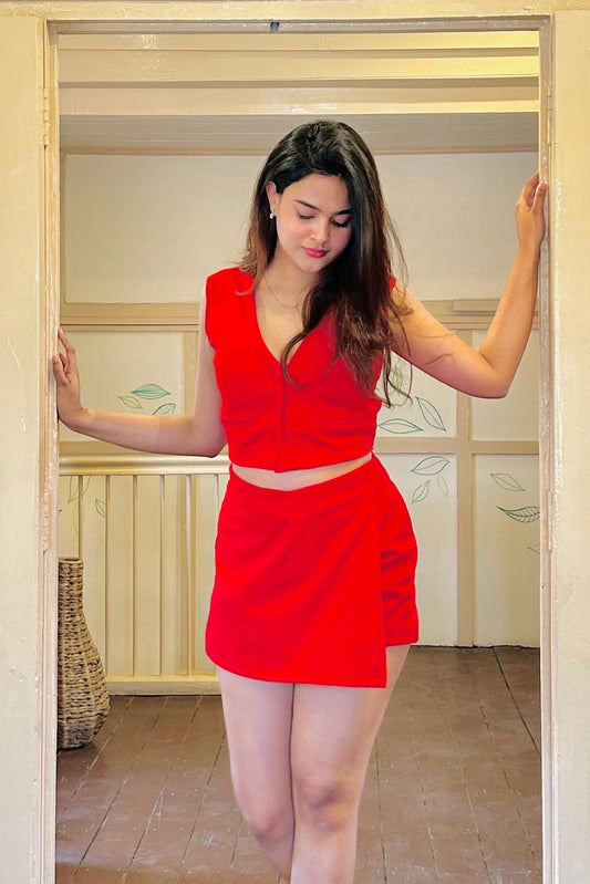 Crimson Red Lycra Vest & Skort Set