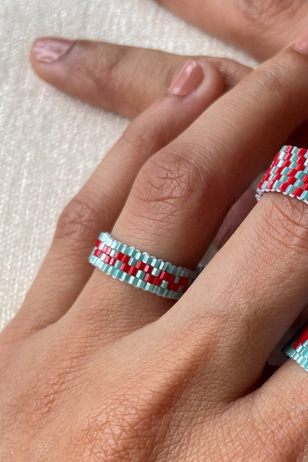 Red-Blue Heart Beaded Ring