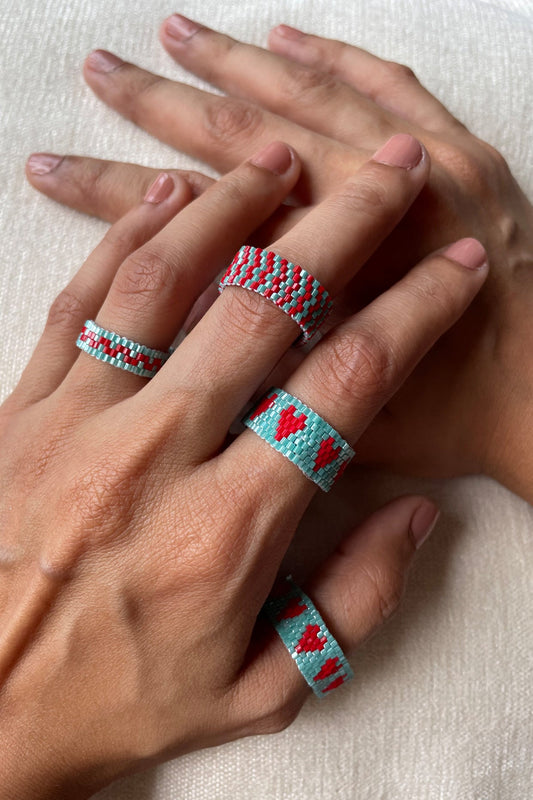 Red-Blue Heart Beaded Ring