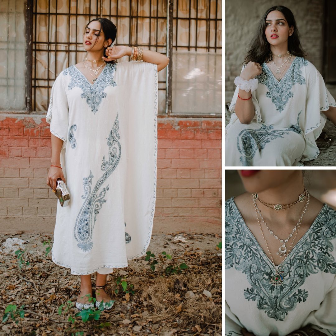 Ivory Kashmiri Embroidered Long Kaftan