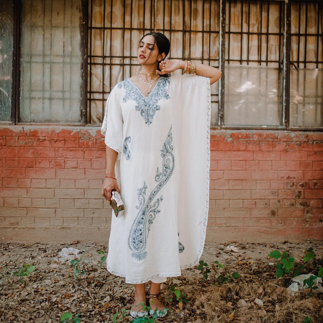 Ivory Kashmiri Embroidered Long Kaftan