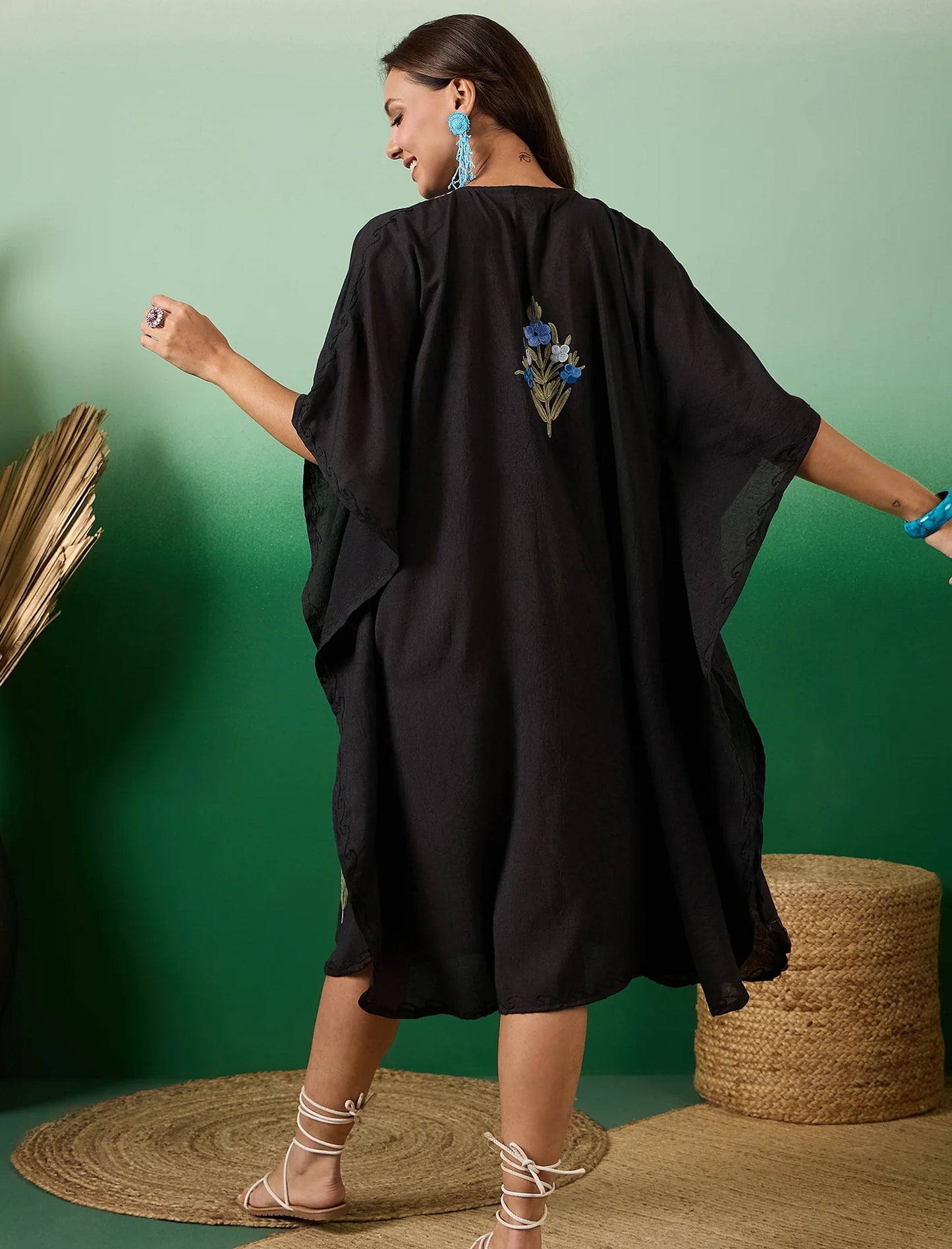 Charcoal Black Kashmiri Summer Short Kaftan