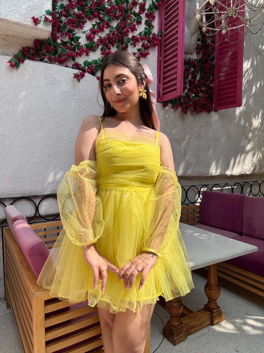 Luxe Sparkle Bow Dress With Detachable Puff Sleeves