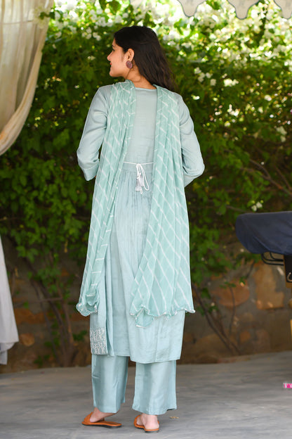 Fern Green Muslin Suit Set With Embroidery