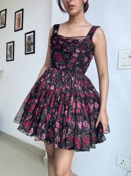 Floral Black Mini Sleeveless Dress