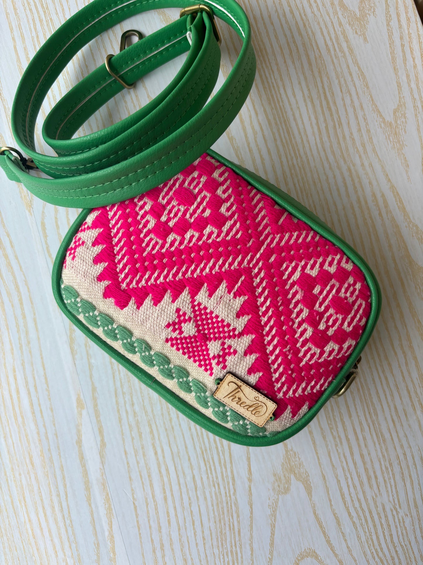 Pink And Green Handcrafted Sling Bag