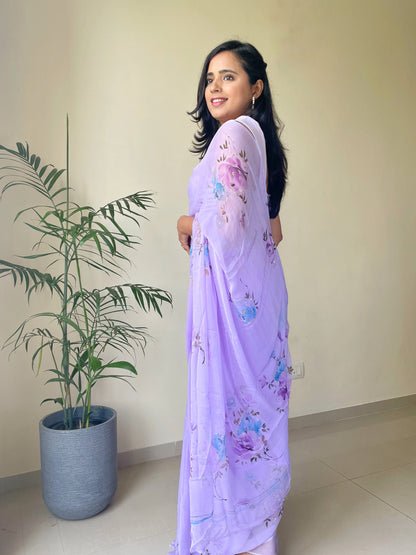 Rose Handpainted Chiffon Saree