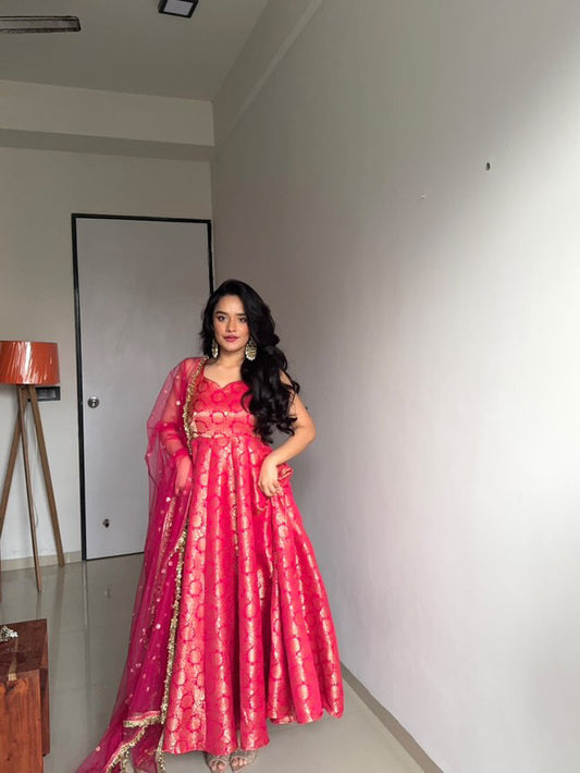 Mannat Red Brocade Golden Weave Anarkali Suit Set