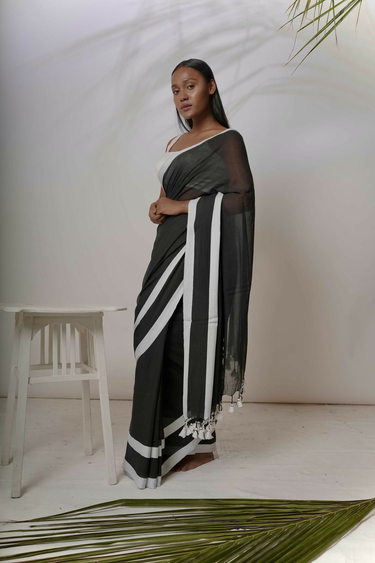 White & Black Cotton Handloom Saree With Black Border