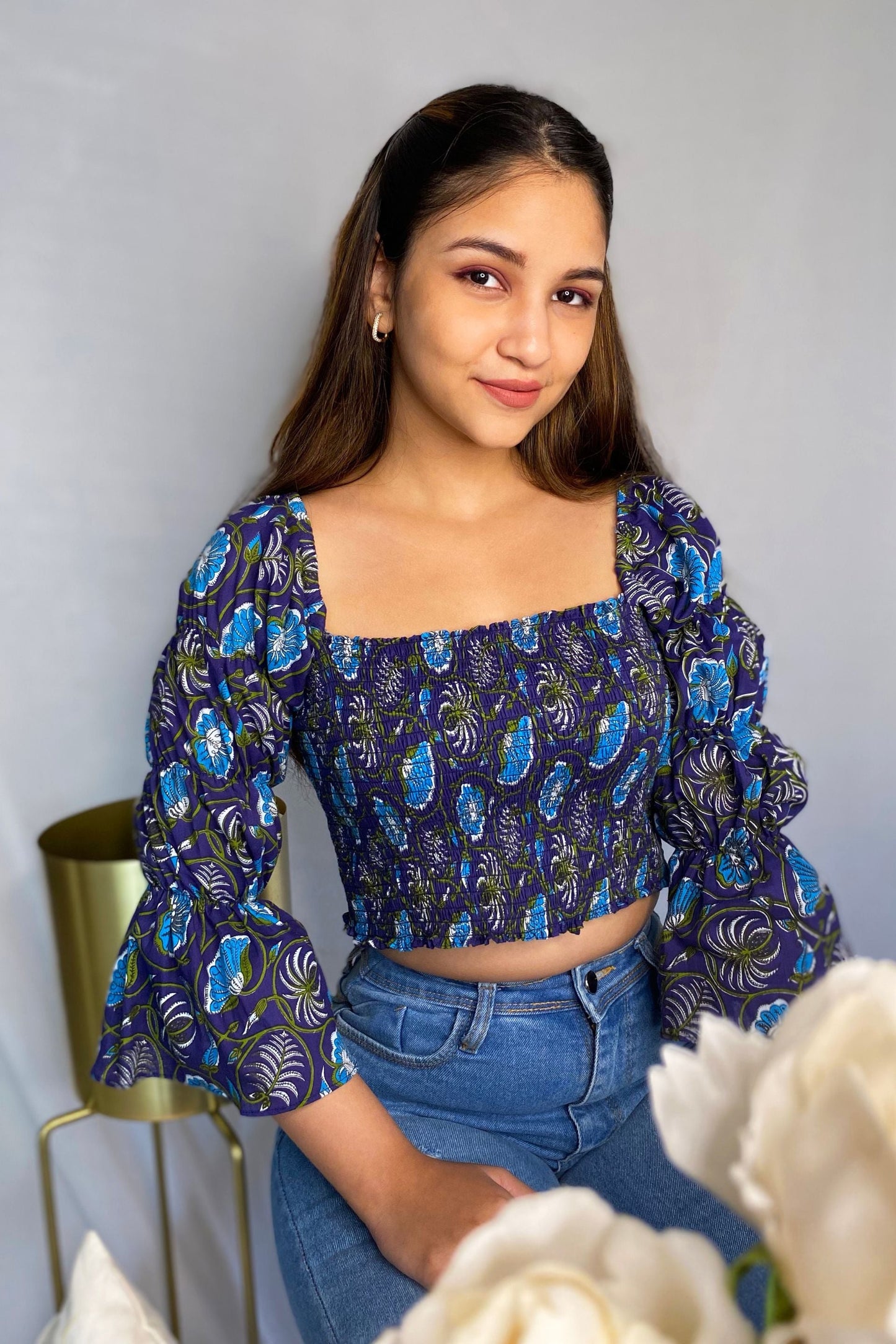 Blue Floral Print Smocked Top Crafted from Cotton