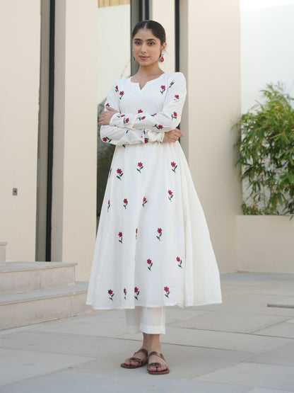 Kowhai White Cotton Floral Embroidered Suit Set