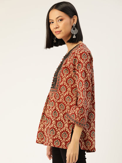 Maroon Cotton Ethnic Hand Block Print A-Line Top