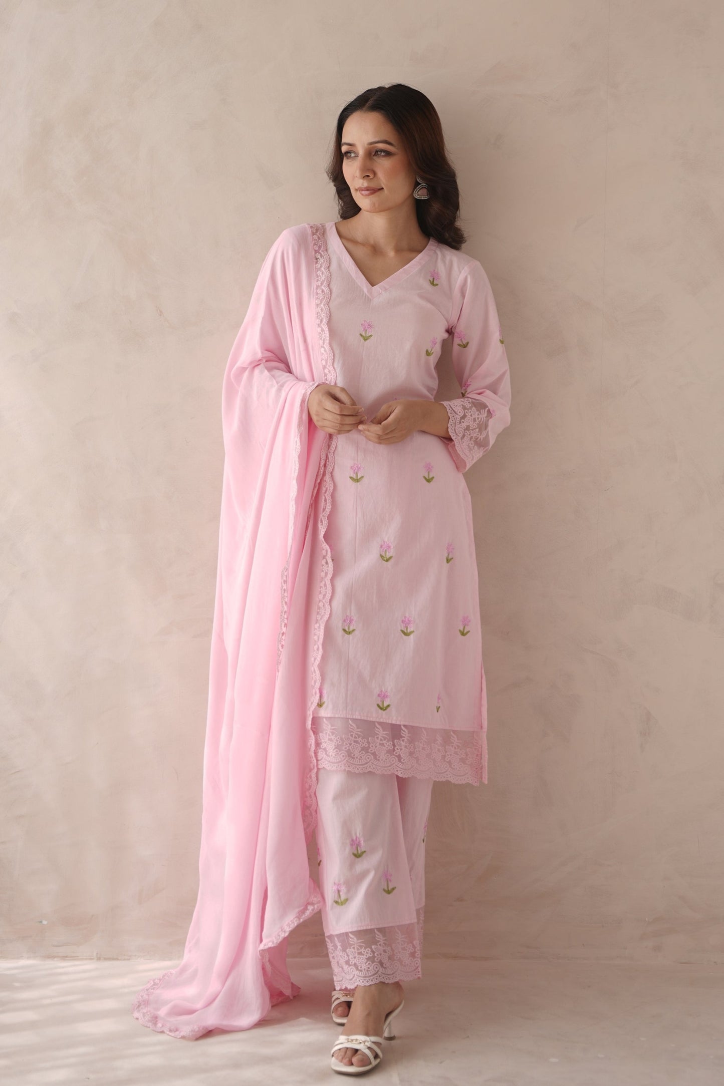 Bloomera Pink Rose Embroidery Cotton Suit Set