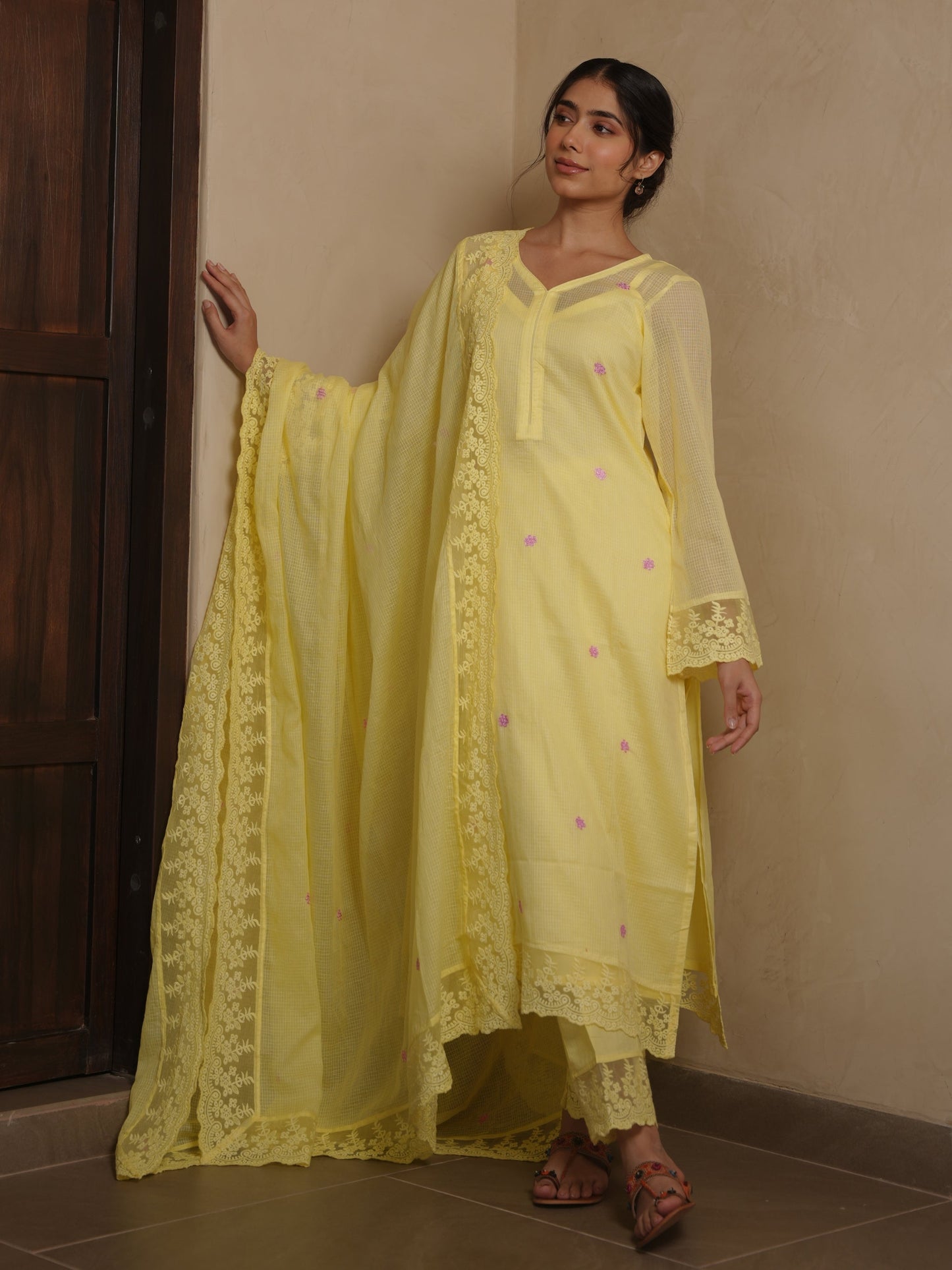 Poppy Yellow Doriya Floral Embroidery Suit Set