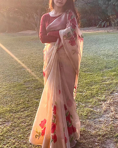 Beige Gulabari Organza Handpainted Saree