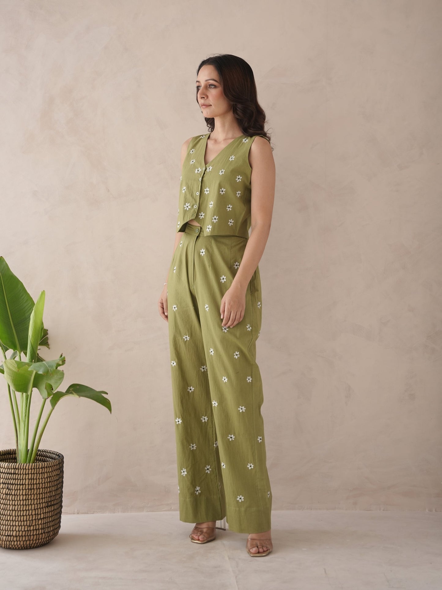 Serra Olive Embroidery Cotton Co-Ord Set
