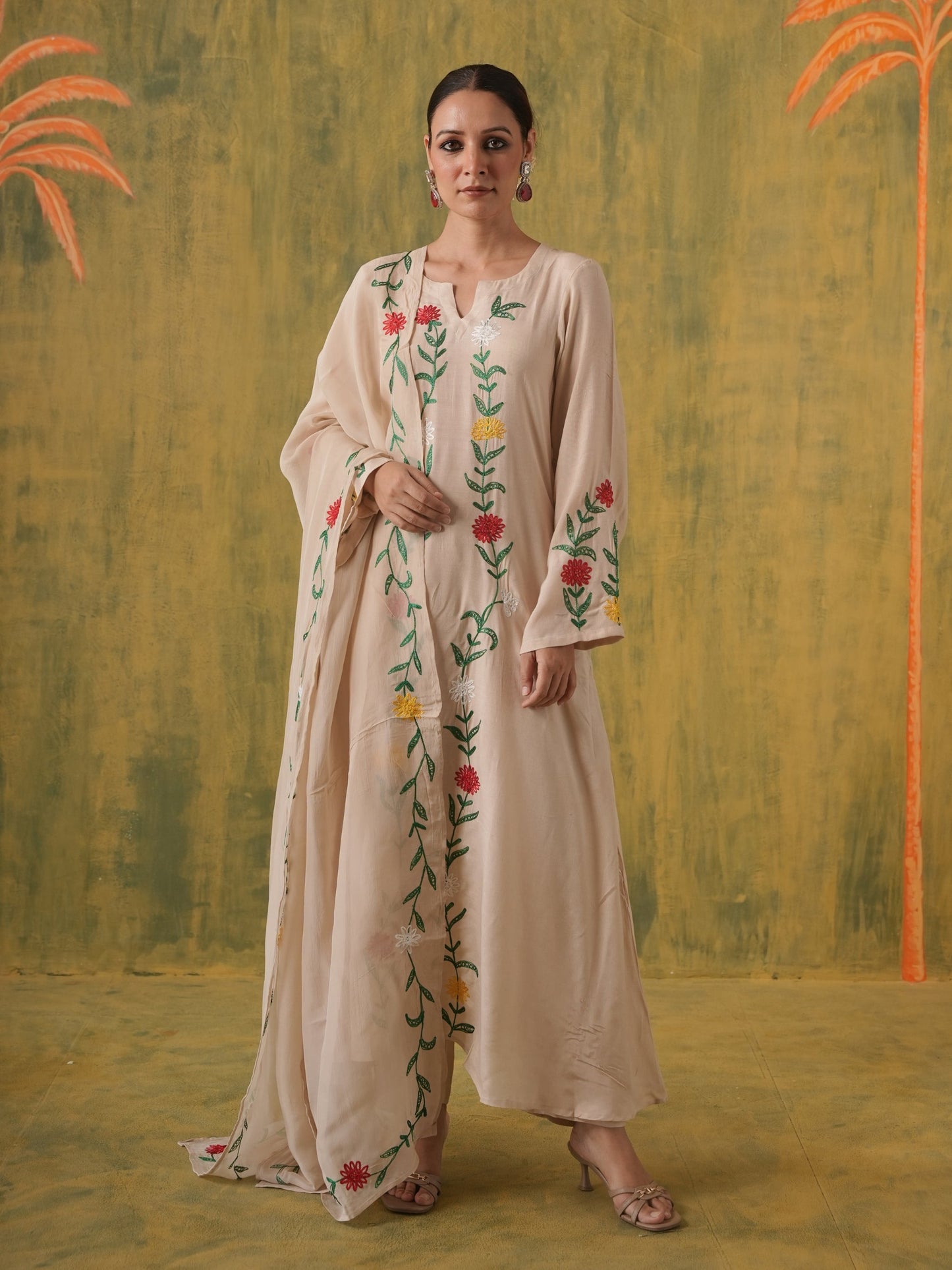 Dilruba Beige Floral Maslin Kurta Set