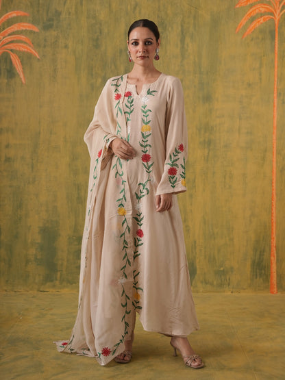 Dilruba Beige Floral Maslin Kurta Set