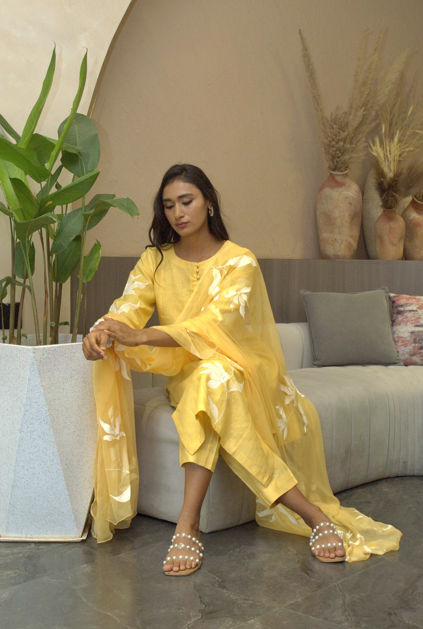 Iris Yellow Linen Kurta Set