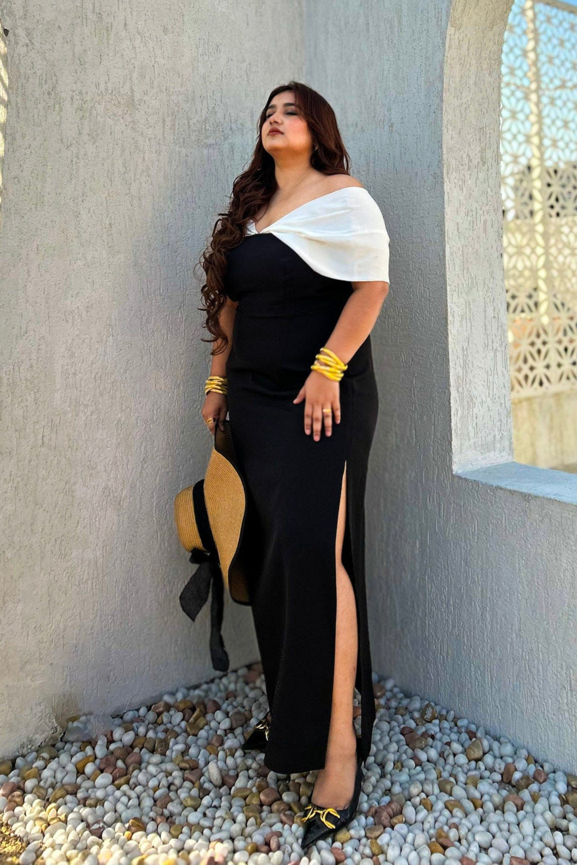 Eterna Black Off-Shoulder Slit Dress