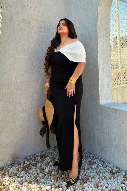 Eterna Black Off-Shoulder Slit Dress