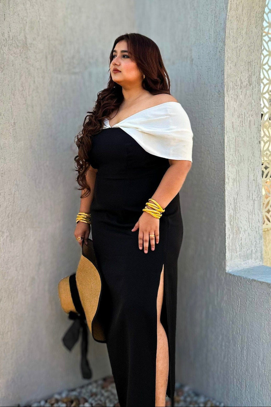 Eterna Black Off-Shoulder Slit Dress