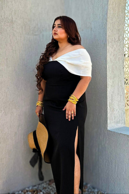 Eterna Black Off-Shoulder Slit Dress
