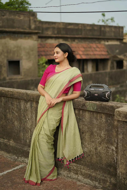 Pink Border Handwoven Mulmul Cotton Saree