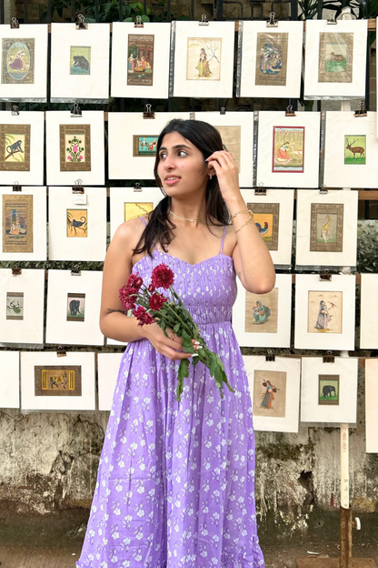 Lilac Pure Cotton Hand-Printed Long Flower Dress with Pocket